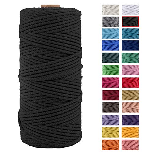 JeogYong Naturliches Baumwolle Garn, Baumwollgarn Makramee-Seil Weiches Baumwoll-Seil, zum Wandbehänge, Pflanzenhalter, Basteln, Heimtextilien, Geschenkverpackung 3mm x 109 Yards (Schwarz) von JeogYong