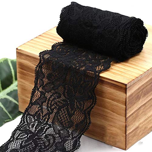 Nähen Farbiges Spitzenband, JeogYong 2m Gesticktes Stretch Tüll Spitzenbesatz Spitze Band 8cm Breite, Vintage Blumen Spitzen Rolle für DIY-Handwerk, Hochzeit, Kleidung, Party (Schwarz) von JeogYong