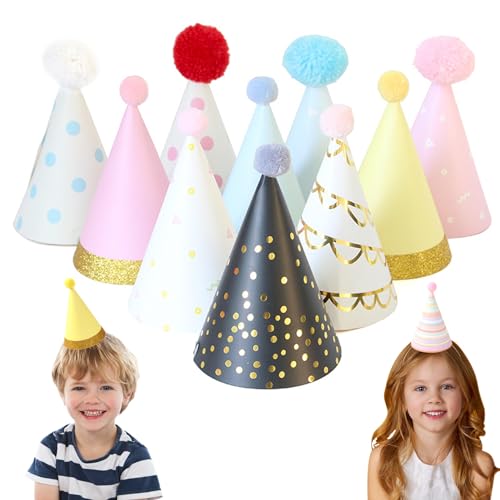 10pcs Partyhüte 4x6.7in bunte Geburtstagshüte mit Pom Poms zufälliger Stil Geburtstagskegelhüte mit elastischen Trägern Geburtstag dekorativen Hut für Kinder Erwachsene, Geburtstagsfeier Hüte von Jeorywoet