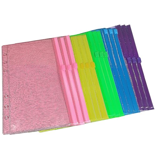 A6 Bindemitteleinsätze, A6 Bindertaschen, 15pcs farbenfrohe Glitzer A6 Bindemittel Einsätze, wasserdichte PVC A6 Reißverschluss Binder, 6 Löcher Losenblattbindemittel Reißverschlussbeutel für Geldkup von Jeorywoet