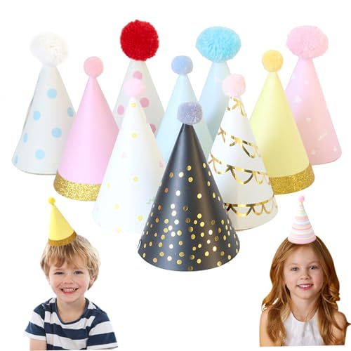 Jeorywoet 10pcs Partyhüte 4x6.7in farbenfrohe Geburtstag Hüte mit Pom Pom Poms Random Style Birthday Cone Hut mit elastischen Trägern Geburtstag dekorativen Hut für Kinder Erwachsene Party Hüte von Jeorywoet