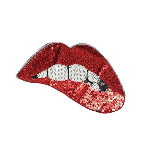 Jeorywoet Bügeleisen auf Flecken, 1pc große rote Lippen -Pflaster Eisen auf Flecken oder nähen Sie für Kleidung Glitzer -Pailletten gestickt rote Pailletten Lip Patch DIY Motiv gestickt von Jeorywoet