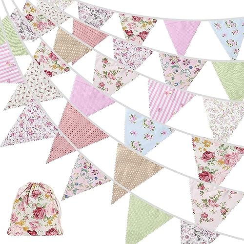 Jeorywoet Fabric Bunting, 42pcs Outdoor Bunting -Banner, Florale Vintage -Baumwolldreieck -Flagge für Garten Geburtstagsfeier Outdoor Party Dekoration 40 Fuß (Pink), 1 von Jeorywoet