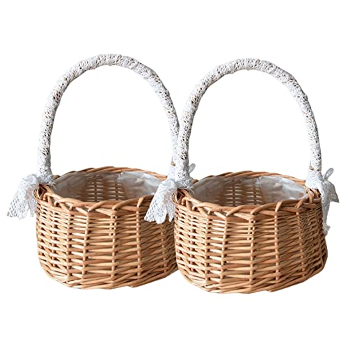 Jeorywoet Gewebter Rattankorb, gewebter Aufbewahrungskorb mit Griff Rattan Rattan Blumenkorb Hochzeitsblumenmädchenkorb für Wohnkultur Partyversorgung, Hochzeitsfeier -Vorräte, L 2 PCS von Jeorywoet