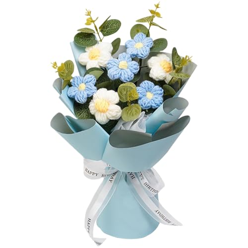 Jeorywoet Häkelblüten Blaue gestrickte Blumen Bouquet 9x13 Häkelblumen Bouquet Eternal Segen künstliche Blumenbouquet Wohnkultur Geschenk für Muttervater Lehrer Häkeln Blumen von Jeorywoet