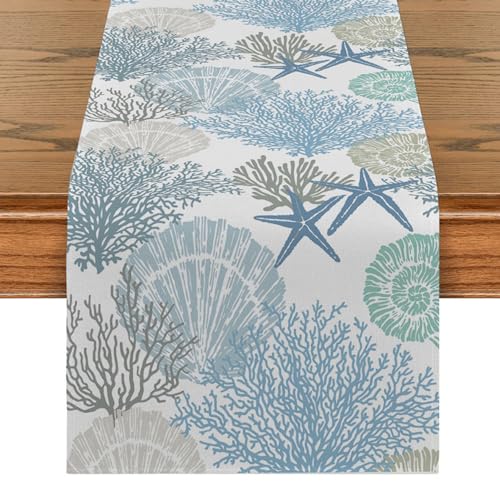 Jeorywoet Nautical Table Runner, 59x13 Zoll Rechteck Tischläufer, Korallensternküstenküstendekor, Sommertischläufer für Hochzeitsfeier, Bankett, Hauswarminggeschenke, Sommertischläufer von Jeorywoet