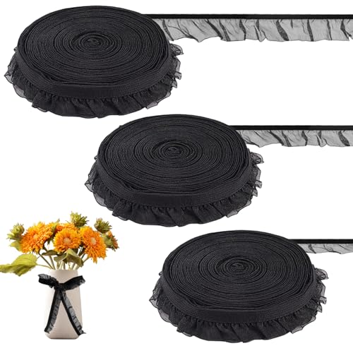 Schwarze Spitzenverkleidung 3 Rollen 5,5 Yard Eins Rüschenspitzenverkleidung 15/20/30 mm breit elastischer Nylon -Spitzenband Schwarzes Ziehen für das Nähen von DIY Bastelgeschenk -Verpackung Schmuck von Jeorywoet