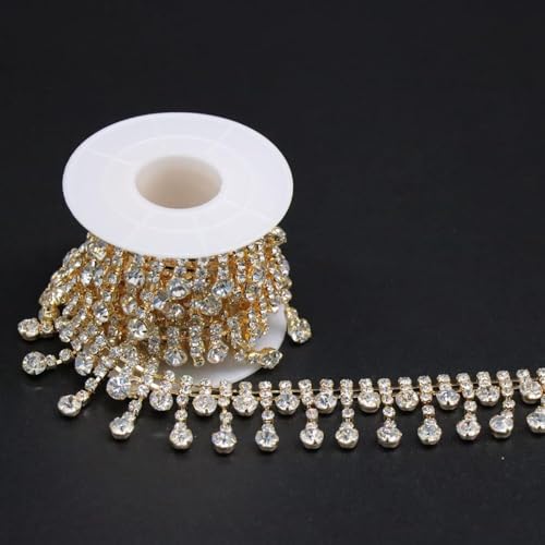 Jerler Goldene Strass-Quaste, Fransenbordüre, Kristall-Applikation zum Nähen, Basteln, ideal für Hochzeit, Party, Kleidung, DIY-Dekoration, 2 m, 2 m breit von Jerler