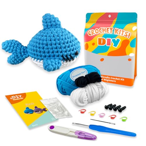 Jeslon Häkelsets für Anfänger – Strickset Easy Peasy Garn mit Schritt-für-Schritt-Video-Tutorials – Amigurumi Stofftiere Geschenk für Kinder und Erwachsene – Blauer Hai von Jeslon