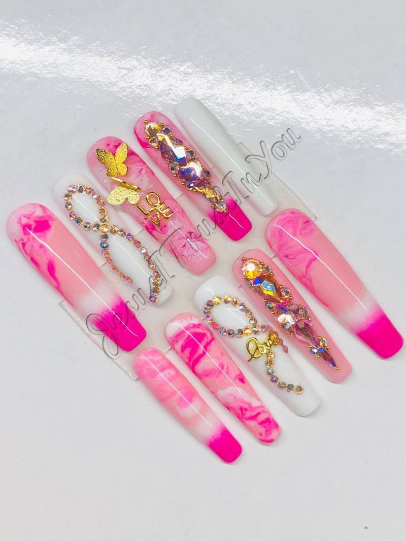 Brustkrebs-Bewusstsein - Xxl Ballerina Gel Press On Nails | Wiederverwendbare Nägel Lange Geschenke Für Sie| Strasssteine Makartt Dnd von JesusItrustInYouCo