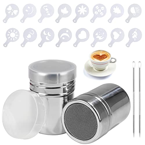 Edelstahl-Pulverstreuer, 2pcs Mehlstreuer Puderzucker für Kaffee Kakao Zimt Pulver mit Deckel, mit 16 Stück Druckformen Schablonen, Art Pull Pin für Cappuccino, Latte, heiße Schokolade von Jesustree