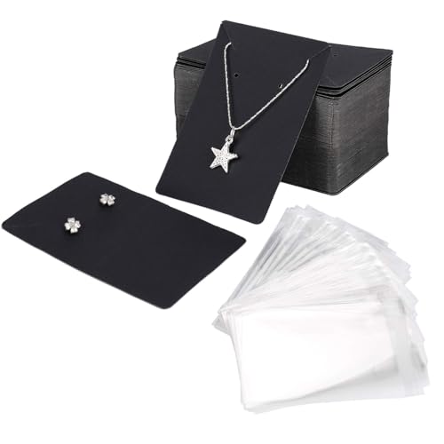 Jesustree 100 Stück Ohrring Display Karten mit 200 OPP Selbstklebende Taschen für DIY Verpackung Ohrringe, Halsketten und Armbänder, 9x6cm Halskette Display Karten, Schwarz von Jesustree