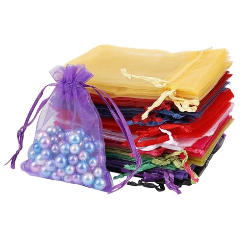 Organza Säckchen Mehrfarbige Kleine Geschenk Organzabeutel, 9x12cm Schmuckbeutel mit Kordelzug, Beutel Geschenksäckchen Hochzeit Bonbonsbeutel für Schmuck, Süßigkeiten, Schokoladentaler (100 Stück) von Jesustree