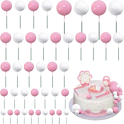 Jetec 66 Stück Mini Kugeln Tortendekos Ball Torten Topper Schaumkugeln Kuchen Topper Kugeln Cupcake Topper DIY Kuchenstecker Kuchendeko für Hochzeit Geburtstag (Rosa, Weiß) von Jetec