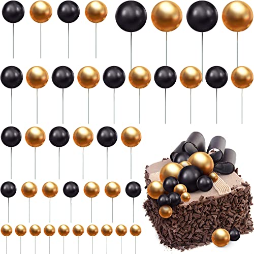 66 Stück Mini Kugeln Tortendekos Ball Torten Topper Schaumkugeln Kuchen Topper Kugeln Cupcake Topper DIY Kuchenstecker Kuchendeko für Hochzeit Geburtstag Baby Shower Taufe (Gold, Schwarz) von Jetec