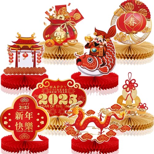 Jetec 8 Stück chinesische Neujahrsdekoration 2025 Happy New Year Honeycomb Tafelaufsätze Happy New Year Dekorationen Rot und Gold Mondneujahr Tischdekoration für Jahr der Schlange (Schlange) von Jetec