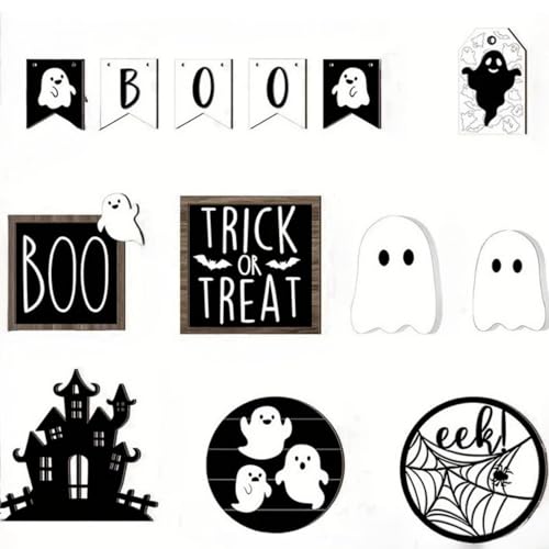 Halloween Deko, 13Pcs Halloween Dekor Set mit gestuften Tabletts, Halloween Holzschilder, Geister Holzblock, Halloween-Dekor für Zuhause, Tisch, Küche, Party von Jevuoyee