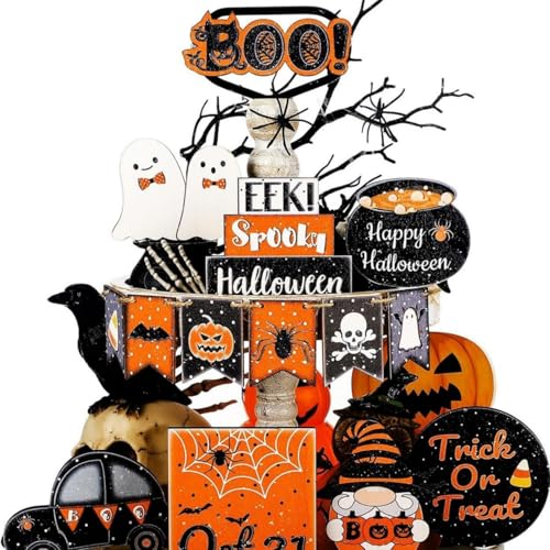 Halloween Deko, 14Pcs Halloween Dekor Set mit gestuften Tabletts, Halloween Holzschilder, Geister Holzblock, Halloween-Dekor für Zuhause, Tisch, Küche, Party von Jevuoyee