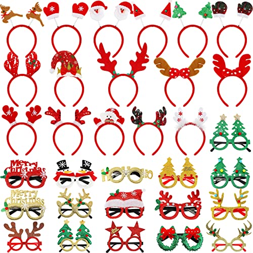 32 Stück Weihnachts-Stirnbänder und Brillenrahmen, Weihnachtsfeier, glitzernder Brillenrahmen, lustige Brille, niedlicher Haarreifen, Weihnachtskopf, Dekoration, Zubehör für Weihnachten, Partyzubehör, Urlaubsgeschenke von Jexine