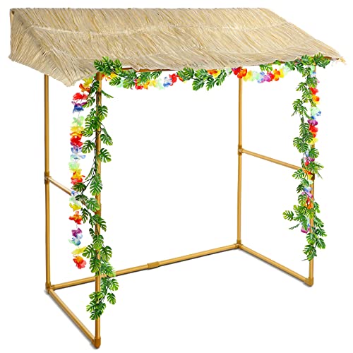 Jexine Tiki Bar Hut Tropische Tischhütte mit 2 Stück dekorativen künstlichen Monstera Tropische Girlande Fake Tropische Dschungel Hängepflanzen für Sommer Hawaii Luau Strand Pool Party Dekorationen von Jexine