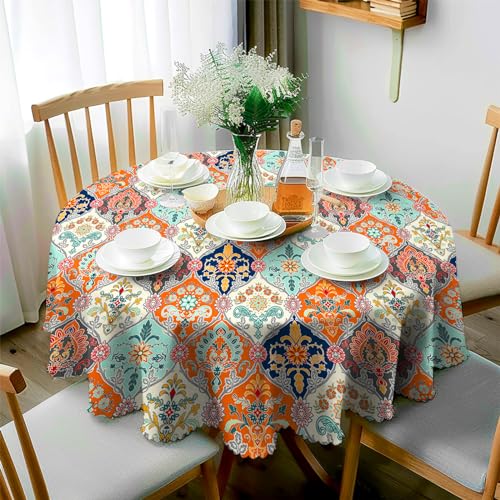 JhcsDy Tischdecke Boho Tischdecke Rund 150CM Tischdecke abwaschbar Outdoor-Tischdecken Gartentischdecken Abwaschbare Tischdecke Table Cloth für Küche, Esstisch, Couchtisch, Parteien, Abendessen von JhcsDy