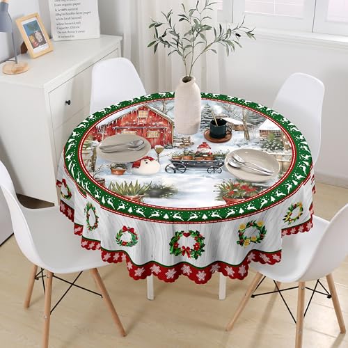 Vintage Weihnachts Runde Tischdecke 150×150 cm, Holzmaserige, Krempfeste Tischdecke FüR Party Abende, Heim Weihnachts Dekorationen Wintermotiv Schneemann Polyester Waschbar Tischdecke von JhcsDy