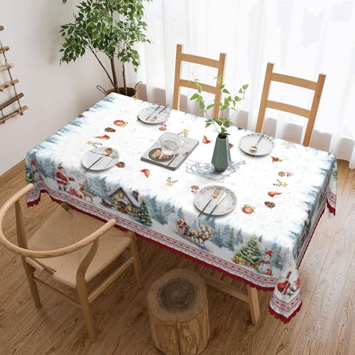 Weihnachts Rechteckige Tischdecke 110×140 cm, weiß-rote Tischdecke mit Wintermotiv, Schneemann, Hirsch, Haus, Krempfeste für Partyabende Dekorationen Weihnachtsbaum Elk Polyester Waschbar von JhcsDy