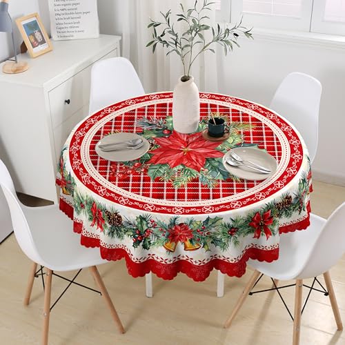 Weihnachts Runde Tischdecke 150×150 cm, Rote BüFfel-Karo-Weihnachts Blumen Tischdecke, Krempfeste FüR Party, Heimabende Weihnachts Dekorationen Polyester Waschbar Tischdecke von JhcsDy