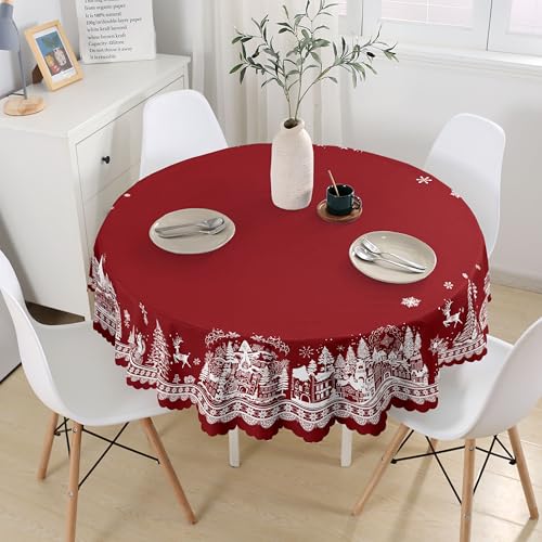 Weihnachts Runde Tischdecke 150×150 cm, Rote Weihnachts Tischdecke Mit Schneeflocken Motiv, Fleckenresistent FüR Party Heimabende Weihnachts Dekorationen Weihnachtselch Hirsch Polyester, Waschbar von JhcsDy