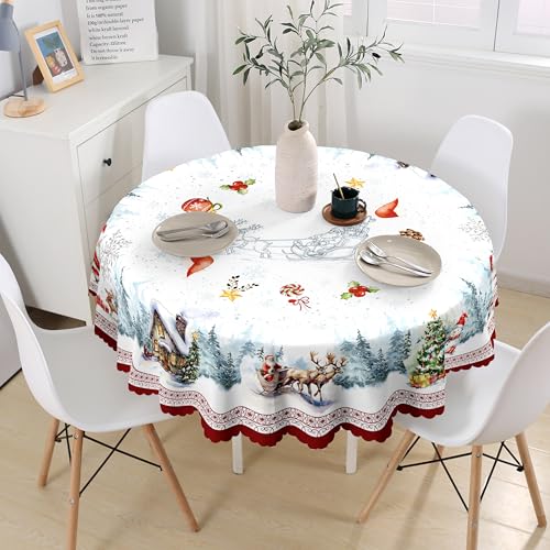 Weihnachts Runde Tischdecke 150×150 cm, weiß-rote Tischdecke mit Wintermotiv, Schneemann, Hirsch, Haus, Krempfeste für Partyabende Dekorationen Weihnachtsbaum Elk Polyester Waschbar von JhcsDy