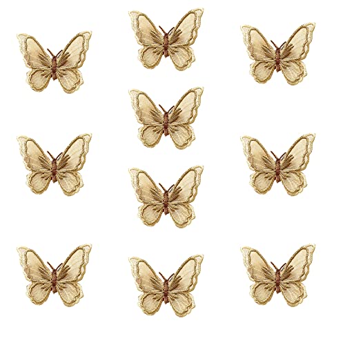 Jhesicx 10 Stück Schmetterling Spitzenbesatz, 3D doppellagige Organza Patches Schmetterling Spitze Stoff Nähen Stickerei DIY für Party, Hochzeit, Braut, Frauen, Kleid Dekoration (Champagner) von Jhesicx