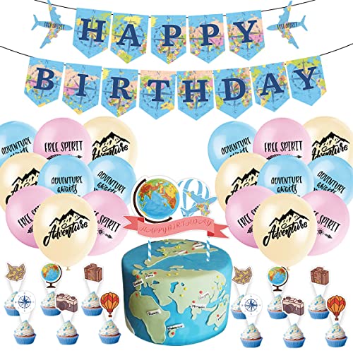 29 Pcs Voyage Geburtstags Ballon Deko Global Travel Theme Partyzubehör Kinder Geburtstag Abenteuer Banner Ballons Kuchen Toppers für Baby Shower von JiNks