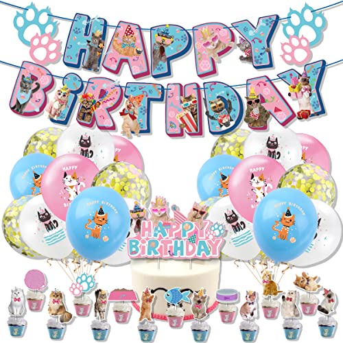 35 Pcs Katze Geburtstags Ballon Deko Haustier Katze Theme Partyzubehör Cake Topper Kinder Tier Katze Banner Ballons Kuchen Toppers für Baby Shower von JiNks