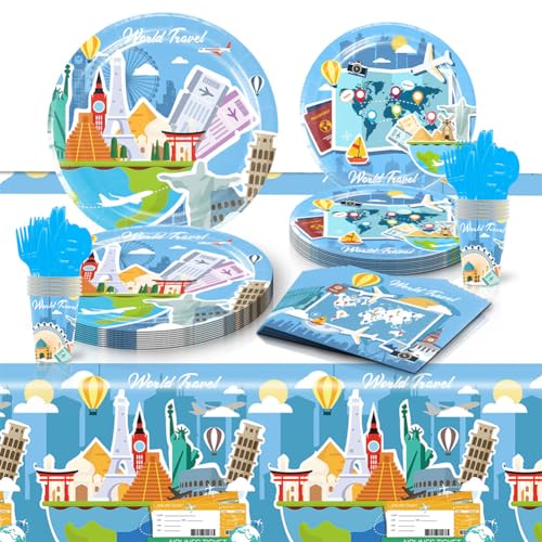 80 Stück World Travel Partygeschirr Set,Reisen Party Geschirr,Reise Thema Dekorationen Supplies Geschirrset Mit Pappteller Pappbecher Servietten Gabel Tischdecke für Zubehör Geburtstag Jungen Mädchen von JiNks