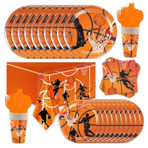 81 Stück Basketball Party Geschirr,Sport Thema Partygeschirr Set,Dekorationen Supplies Mit Pappteller Pappbecher Servietten Gabel Tischdecke für Geburtstagsfeier Basketballfans Jungen und Männer von JiNks