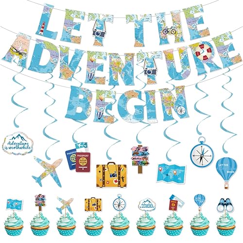 Bon Voyage Party Dekorationen Reise Thema Cupcake Toppers Let The Adventure Begin Ammer Banner Reise Thema Party Deko für Abschluss Ruhestand Party Schulabgänger Abschied Reisen von JiNks