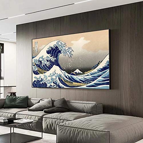 Jianghu Art Berühmte japanische Kunstdrucke auf Leinwand Die große Welle vor Kanagawa Leinwandgemälde Reproduktionen Wellen Wandbilder Wanddekoration 80 x 125 cm (32 x 49 Zoll) mit Rahmen von Jianghu Art