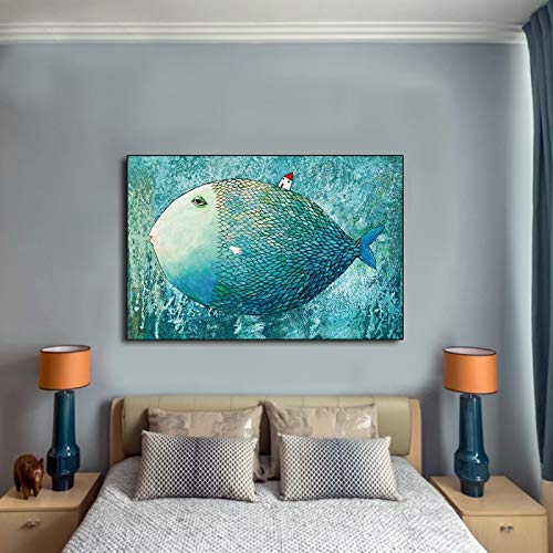 Bild auf Leinwand Kleines Haus auf dem großen Fisch Malerei Poster und Druck Wandkunst Home Dekorative Drucke für Wohnzimmer 50x85cm (20x33in) mit Rahmen von Jianghu Art