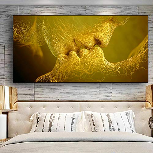 Jianghu Art Golden und Schwarz Liebe Kuss Ölgemälde auf Leinwand Poster und Drucke Gerahmte Wandkunst Bilder Für Schlafzimmer Wohnzimmer 75x150cm (30x59in) Mit Rahmen von Jianghu Art