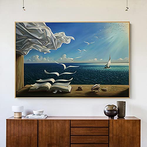 Jianghu Art Salvador Dali Ölgemälde Bilder - Wellen Buch Segelboot Wanddekoration für Wohnzimmer Dekoration 60x120cm Ungerahmt von Jianghu Art