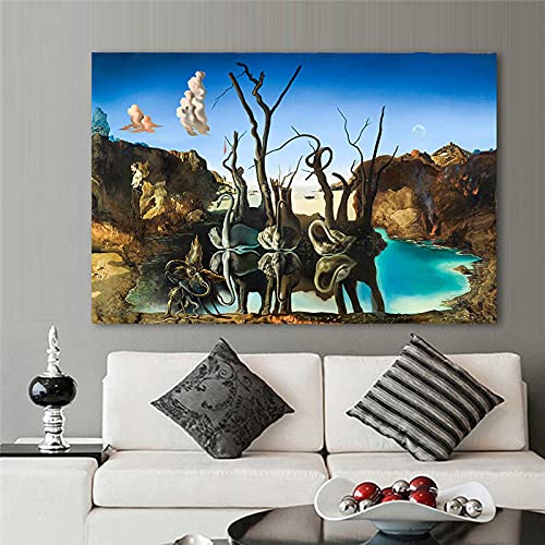 Salvador Dali Print Leinwand Wandkunst Schwäne Reflektierende Elefanten Leinwand Malerei Abstrakte Poster Kunst Bild Wohnzimmer 70x100cm (28x39in) Mit Rahmen von Jianghu Art