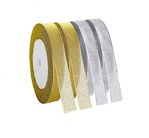 Organzaband,4 PCS Geschenkband Glitter Metallic Dekoband Weihnachtsbänder und ZutatenSchleifenband für Geschenkverpackungskarten Basteln Weihnachten Geschenk Silber Gold von Jieddey