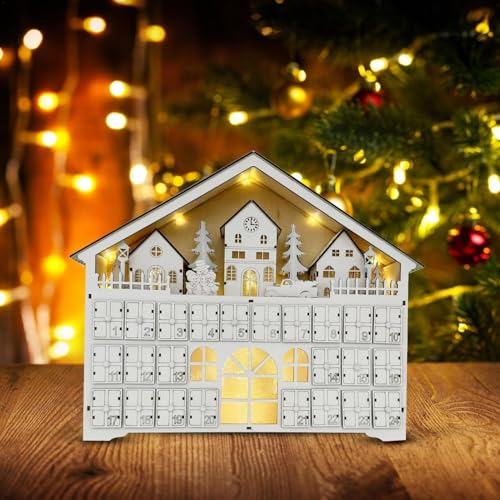 Adventskalender aus Holz, Adventskalender aus Holz, mit LED-Lichtern, 24 Aufbewahrungsschubladen, leerer Adventskalender, zum Selbstbefüllen, Countdown für Weihnachtsdekorationen von Jiimhte