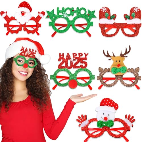 Jiimhte Weihnachtsglasrahmen – 2025 Weihnachten Photo Booth Brille – Glitzer Weihnachten Brillen Dekorationen, Cartoon Weihnachten Cosplay Glasrahmen für Männer Frauen Kinder von Jiimhte