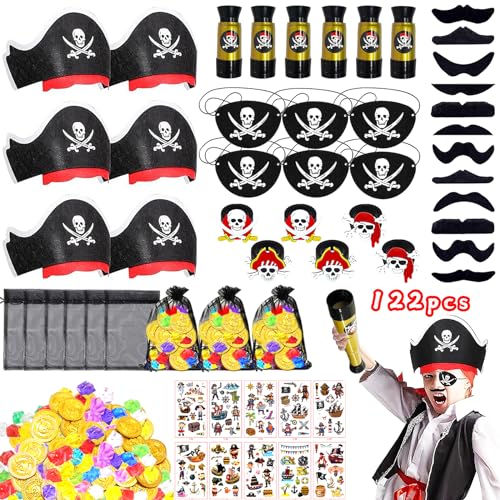 122Pcs Piraten Party Mitgebsel Kindergeburtstag,Piratenhut,Piraten Teleskop,Piraten Augenklappe,Goldmünzen Edelsteine,Piraten Party Deko Karneval Halloween Preise Geschenke für Junge Mädchen von Jikekiroto