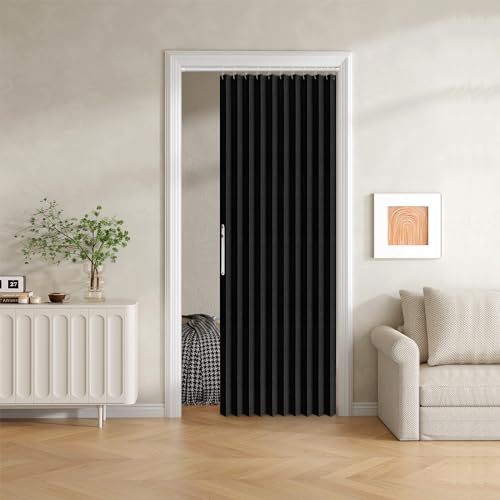 JILRON Falttürvorhang mit Magnetverschluss, 100 % Verdunkelungsstoff, Akkordeon-Stil für Schiebetüren, Schränke, Kleiderschrank und temporäre Türlösungen, 42 x 78 cm, Schwarz, 1 Paneel von Jilron