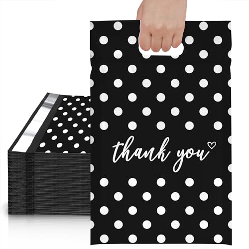 JinRuiKJ Thank You Poly-Versandtaschen mit Griff, 25,4 x 33 cm, 100 Stück, Upgrade-Design, Versandtaschen für Kleidung, leicht zu tragende Verpackungstaschen, Versandtaschen mit selbstklebend und wasserdicht – Weiß gepunktet von JinRuiKJ