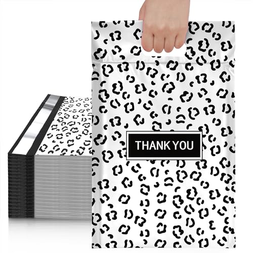 JinRuiKJ Thank You Poly-Versandtaschen mit Griff, 25 Stück, Upgrade-Design, Versandtaschen für kleine Unternehmen, leicht zu tragende Verpackungstaschen, selbstklebende Versandtaschen – schwarzer Leopard von JinRuiKJ