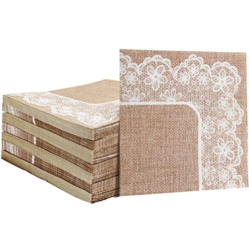 100 Stück Hochzeit Spitze Jute Druck Papierservietten Bulk 2-lagig Rustikale Papierservietten Einweg Dekorative Cocktail-Servietten für Dinner-Party, Geburtstag, Bauernhaus, 25.4x25.4 cm aufgeklappt von Jinei