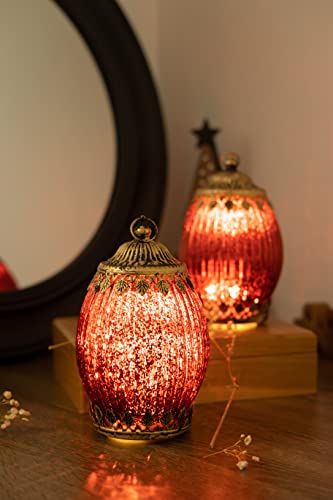 Jinfa 2er-Set Laternen Stimmunglichter mit batteriebetrieber LED-Lichterkette orientalische Zierde Tischdeko Geschenk | Oval | Luxus Rot | Ø 10,5 cm × H 18 cm von Jinfa